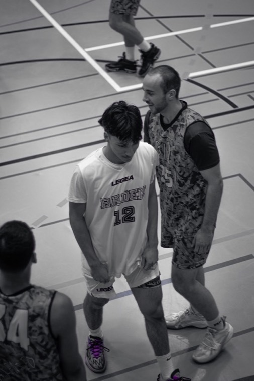 Black-and-white game photo in a Baden jersey