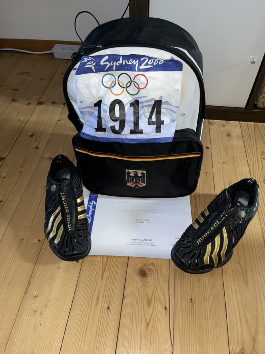 Amewu Mensah&rsquo;s Sydney 2000 Olympic start number 1914 on a German team backpack, her spikes and an eighth-place diploma in the women&rsquo;s high jump