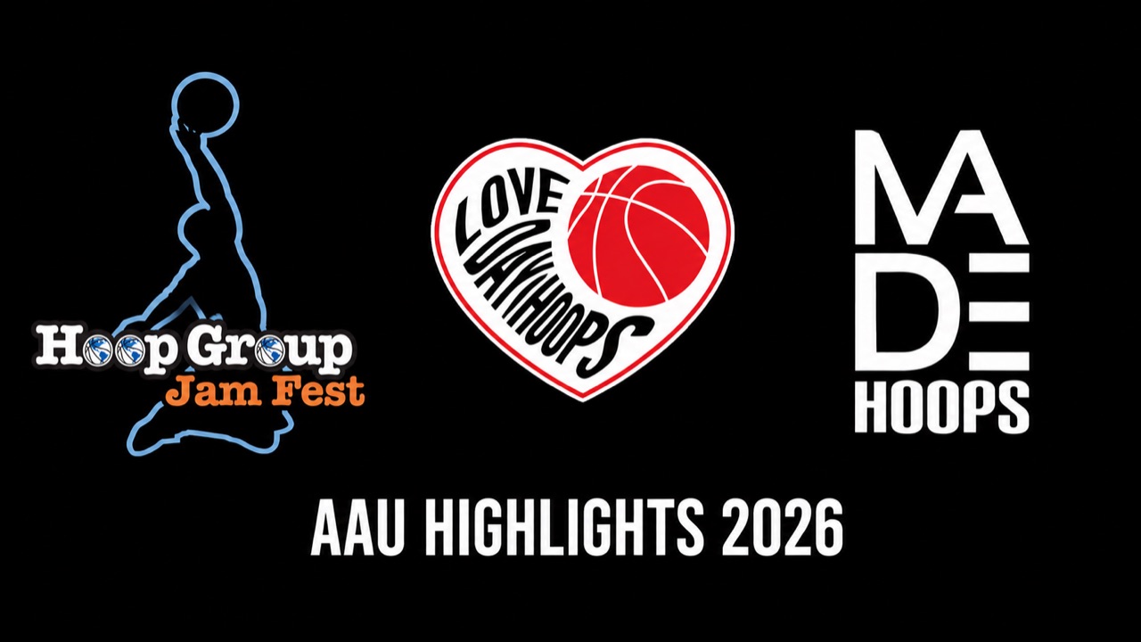 AAU Highlights 2026 title card with Hoop Group Jam Fest, Love Day Hoops and MADE Hoops logos