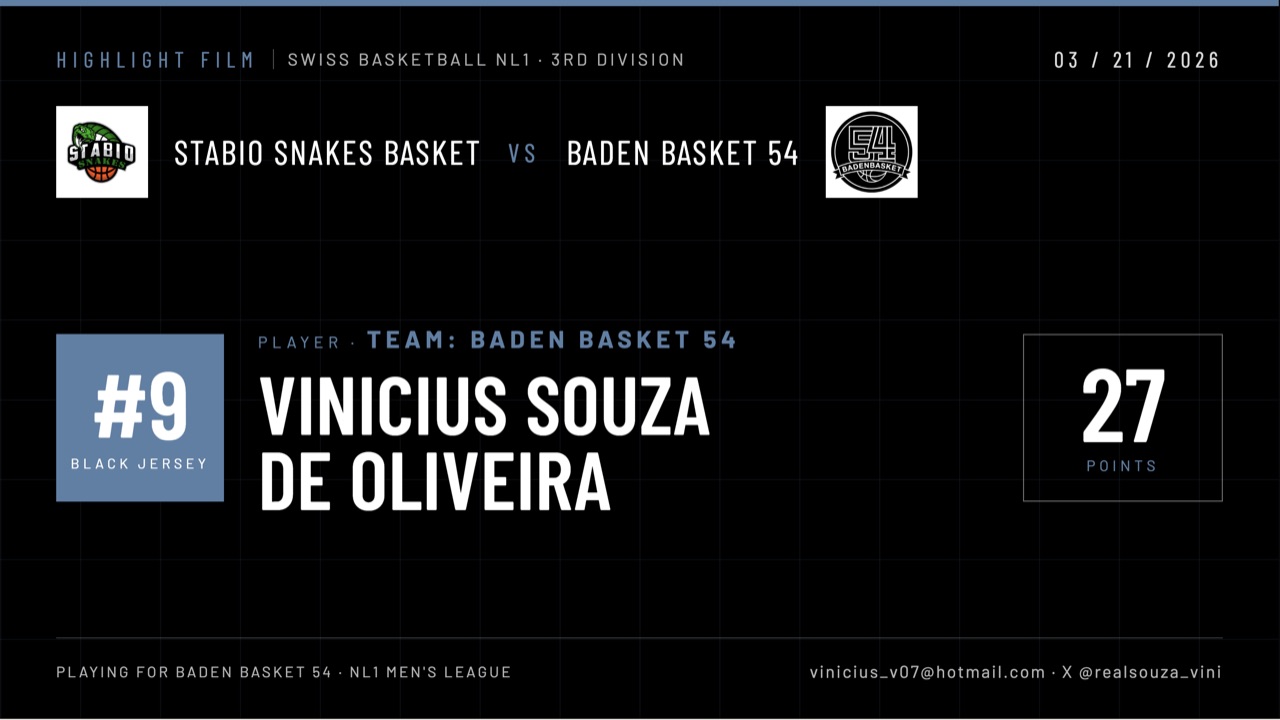 Title card: Stabio Snakes Basket vs Baden Basket 54, 03/21/2026, 27 points